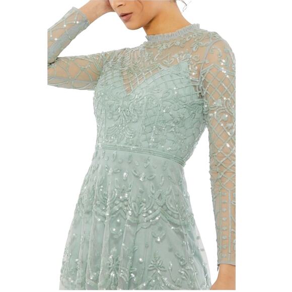 Mac Duggal 9142 Sequined Illusion Long Sleeve Midi Dress Seafoam Size 10 $498 - Picture 8 of 11